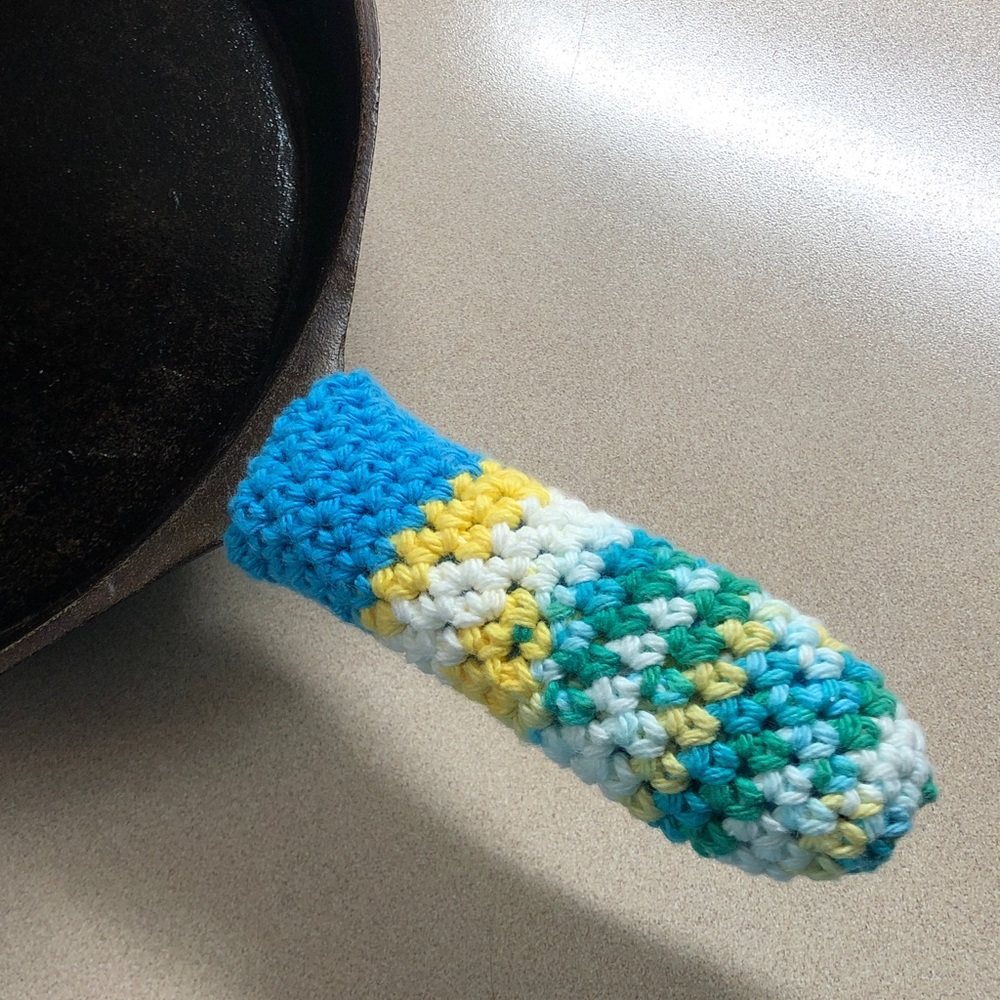 Crochet Pan Handle holder in Blue, Yellow, and Green double thick handmade